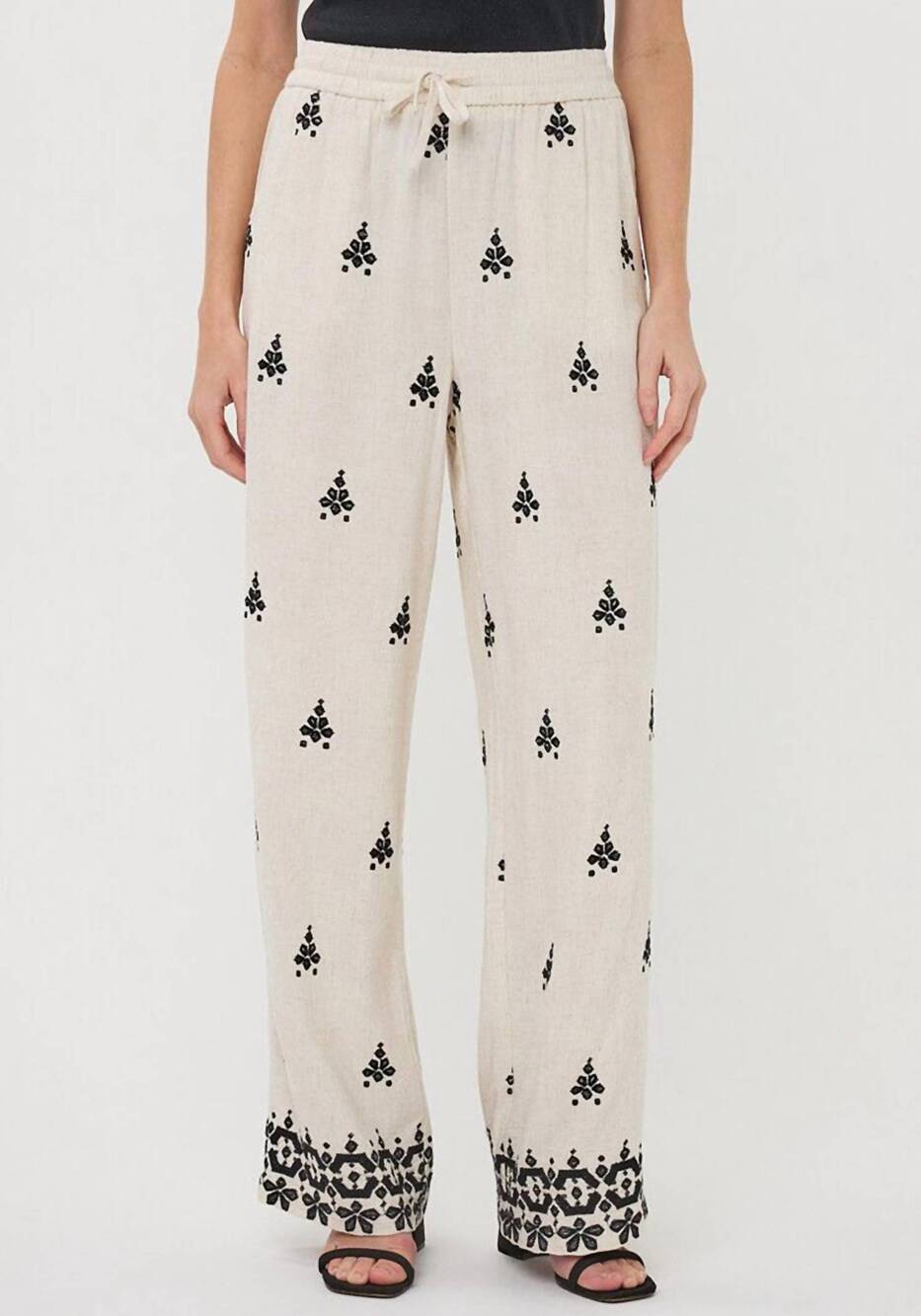 NEW ESQUALO linen blend embroidered trousers in beige